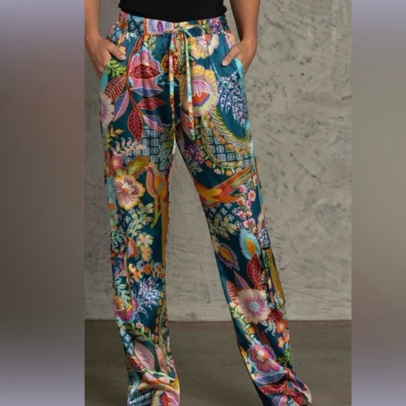 Johnny Was Pants - Johnny Was Vibrant Print Silk Pull On Drawstring Pants